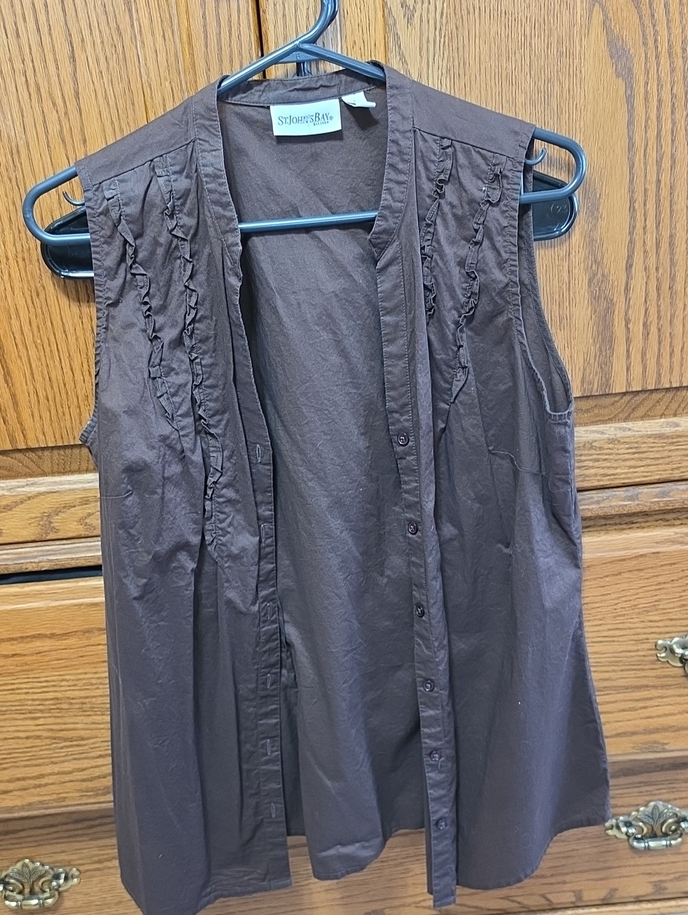 St. John's Bay Brown Sleeveless Ruffle-Trim Button Front Top